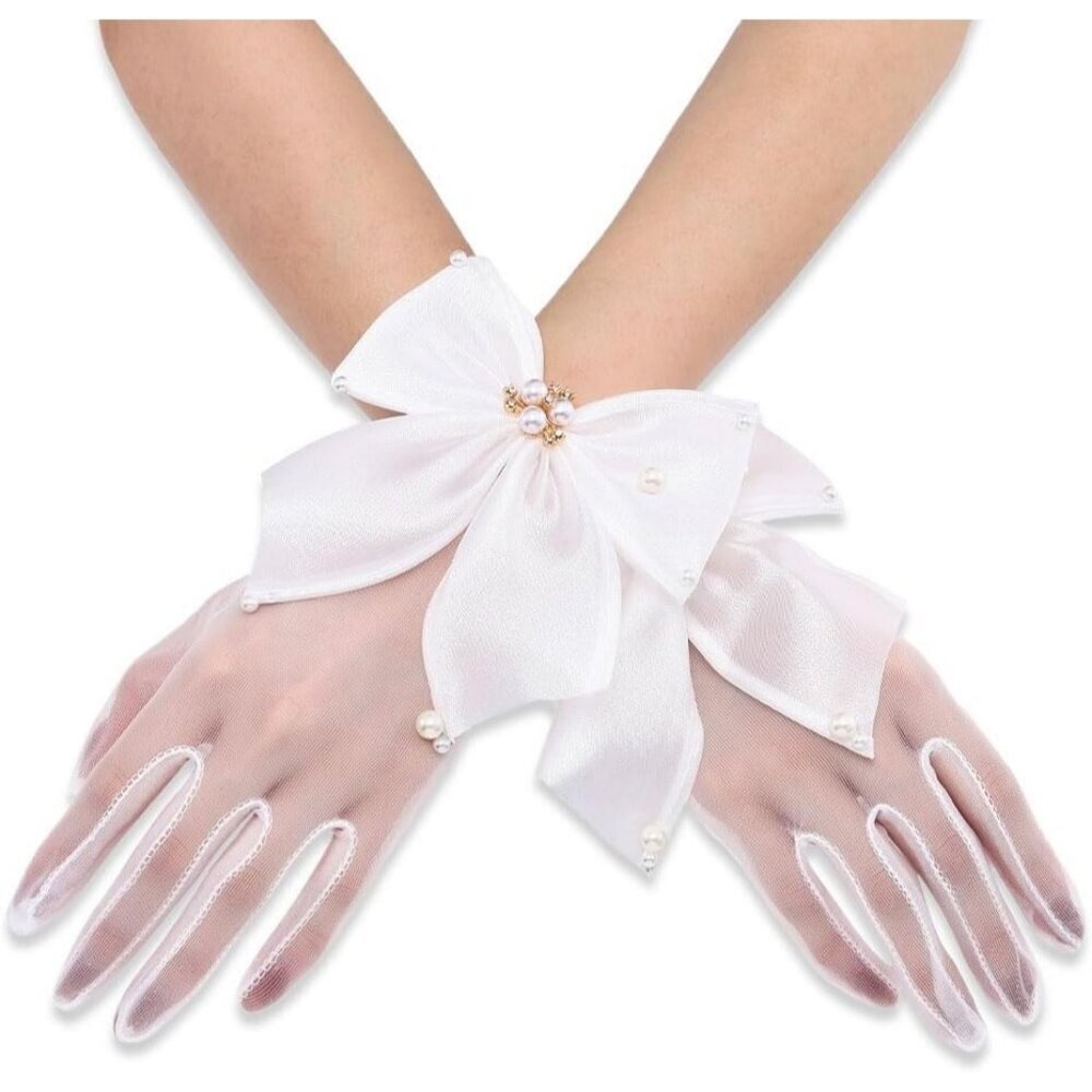Women's Pearl Bow White Sheer Gloves Bridal Wedding Party Prom Accessory